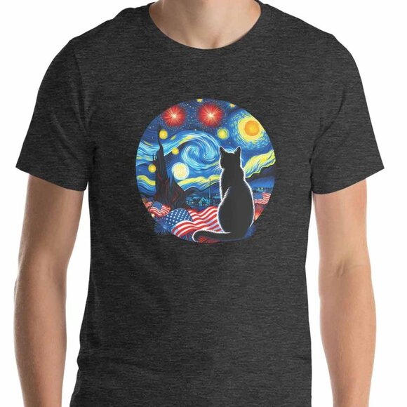 Patriotic Cat Shirt, Starry Night July 4th Fireworks Tee, American Flag Tshirt - Picture 1 of 4